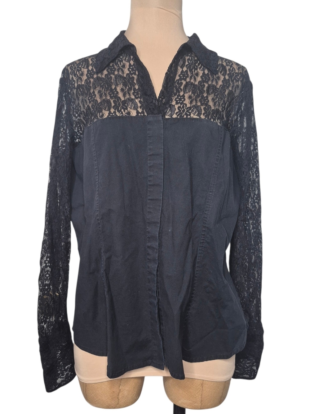 Edward Black Lace-Yoke Button-Down Blouse Y2K Goth No Size